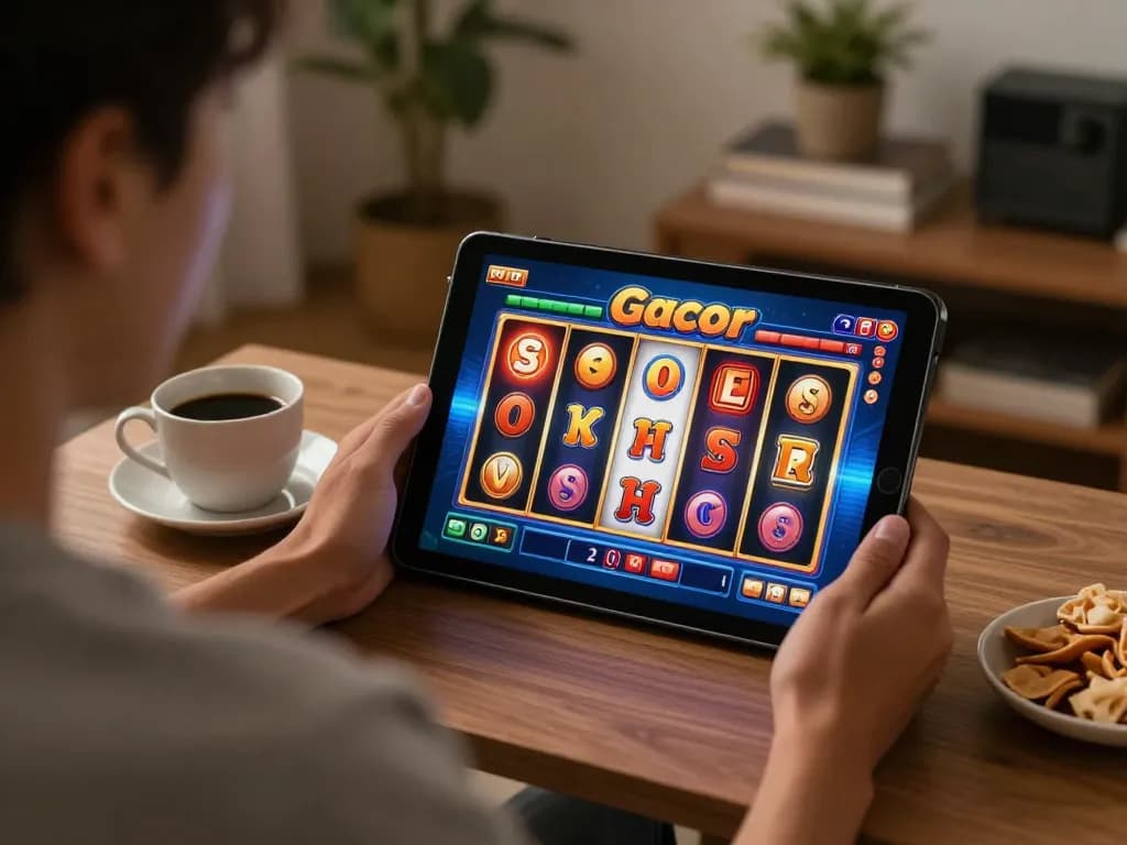 Player enjoying slot gacor game on tablet in cozy living room setting, showcasing responsible gaming