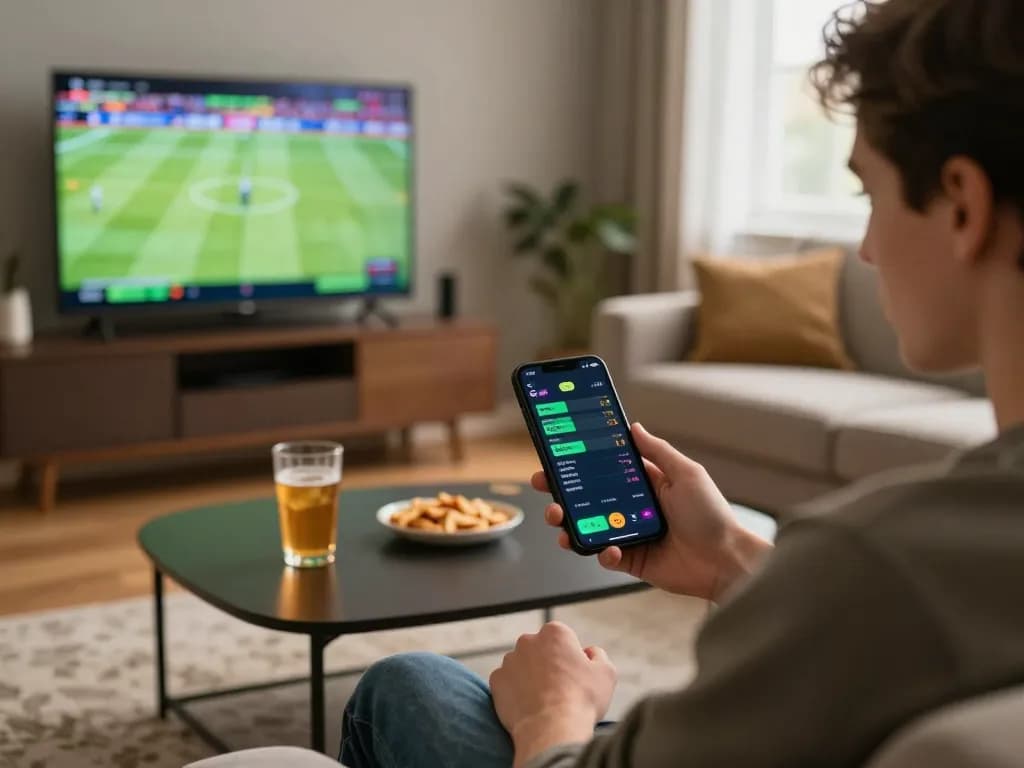 Person using sports betting app at home, engaging with manclub mobile features in a warm living environment.