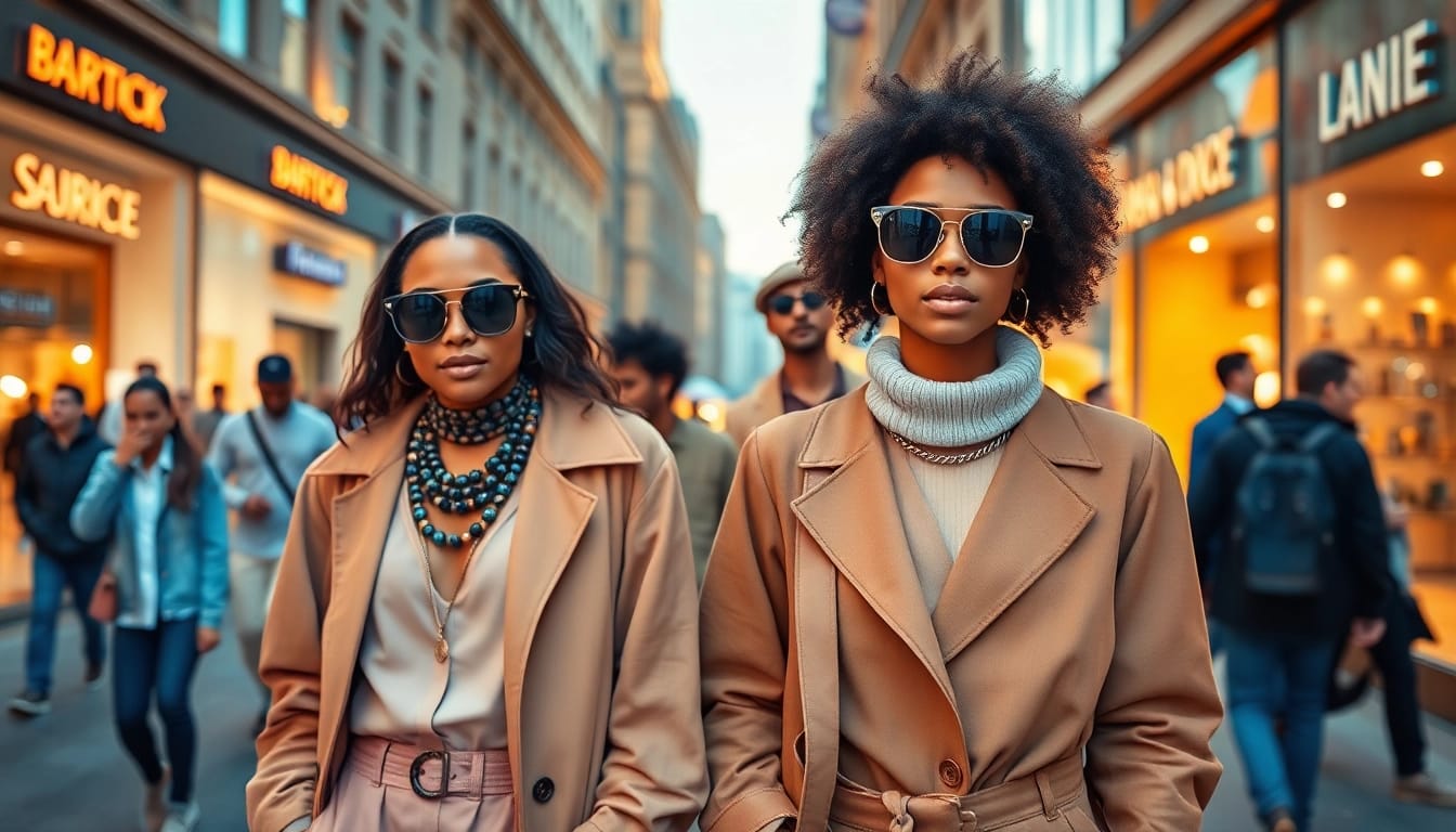 Fashion model showcasing trendy street style in an urban setting with vibrant colors.