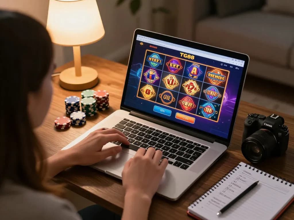 Player engaging with TG88 online platform while managing bankroll and strategies during home gaming session