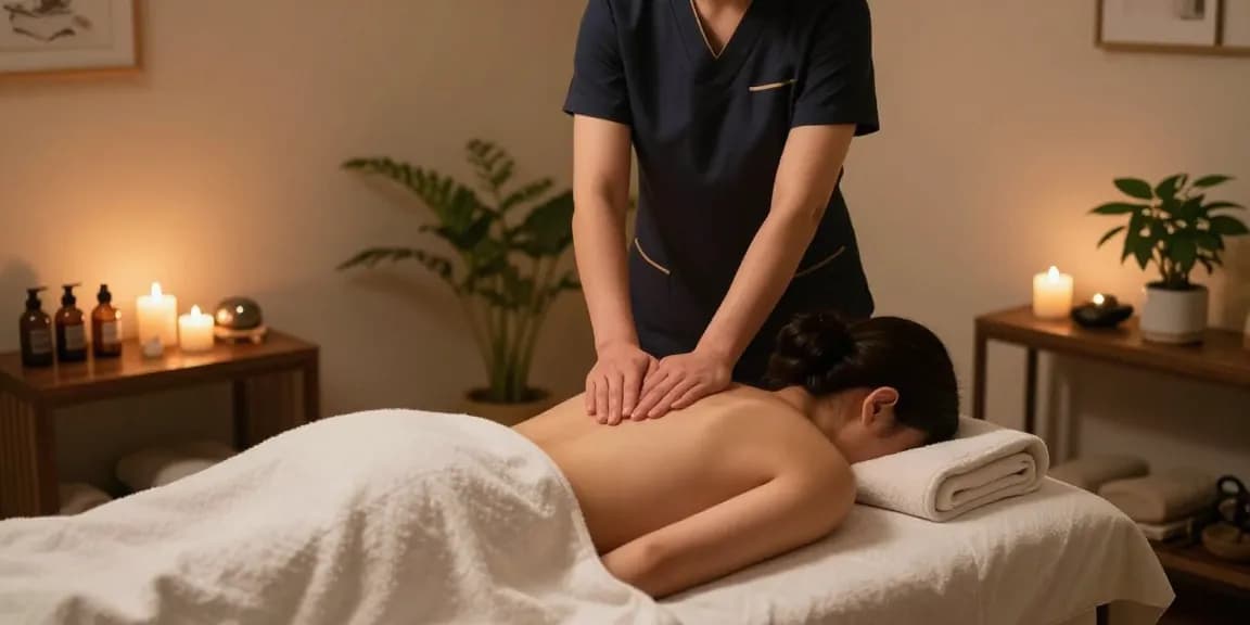 마사지 중인 전문가와 편안한 분위기의 마사지실