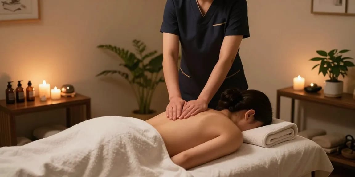 마사지 중인 전문가와 편안한 분위기의 마사지실