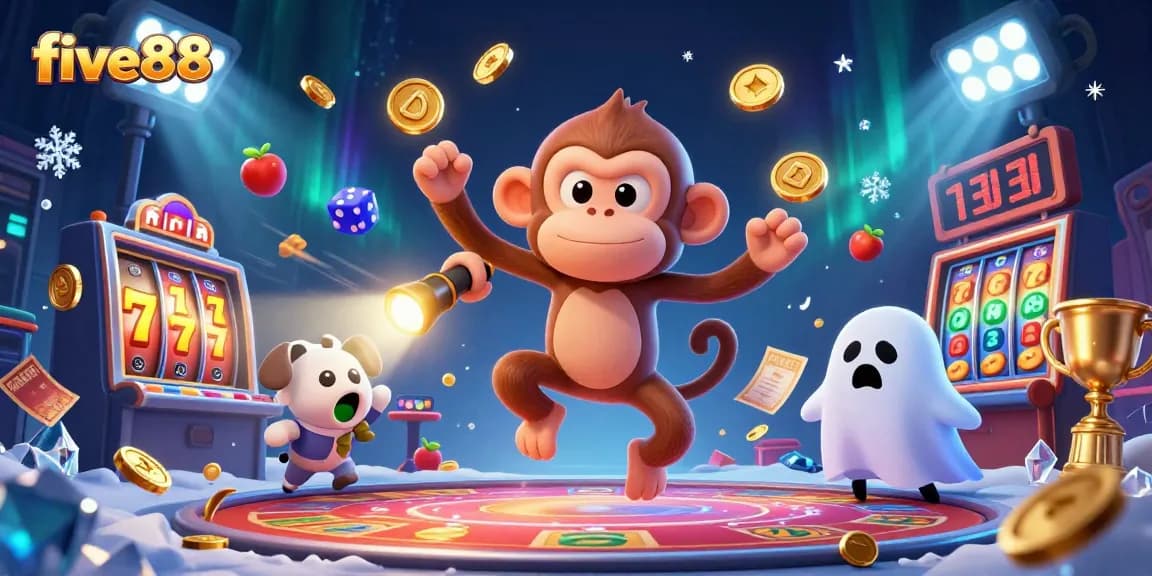 Watch five88’s poltergeist monkey juggling golden casino elements in a haunted scene.