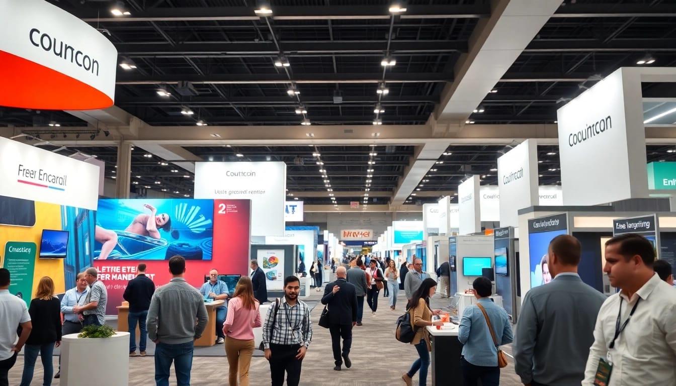 Engaging trade show displays attracting visitors at an exhibition event.
