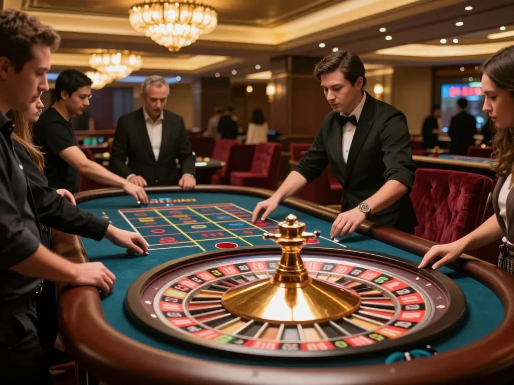 MM88 players placing bets at an exciting roulette table under warm casino lights.