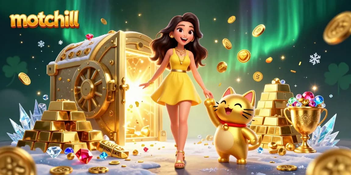 Experience the thrill of motchill with captivating casino fun, featuring a joyful Asian woman and a golden lucky cat.