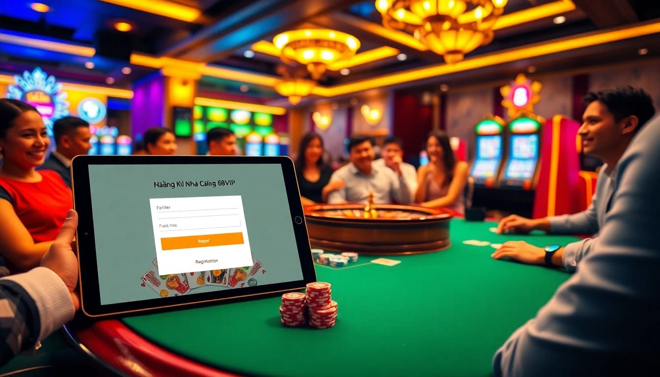 Experience the excitement of Đăng Ký Nhà Cái 68VIP at a vibrant poker table in a luxurious casino.
