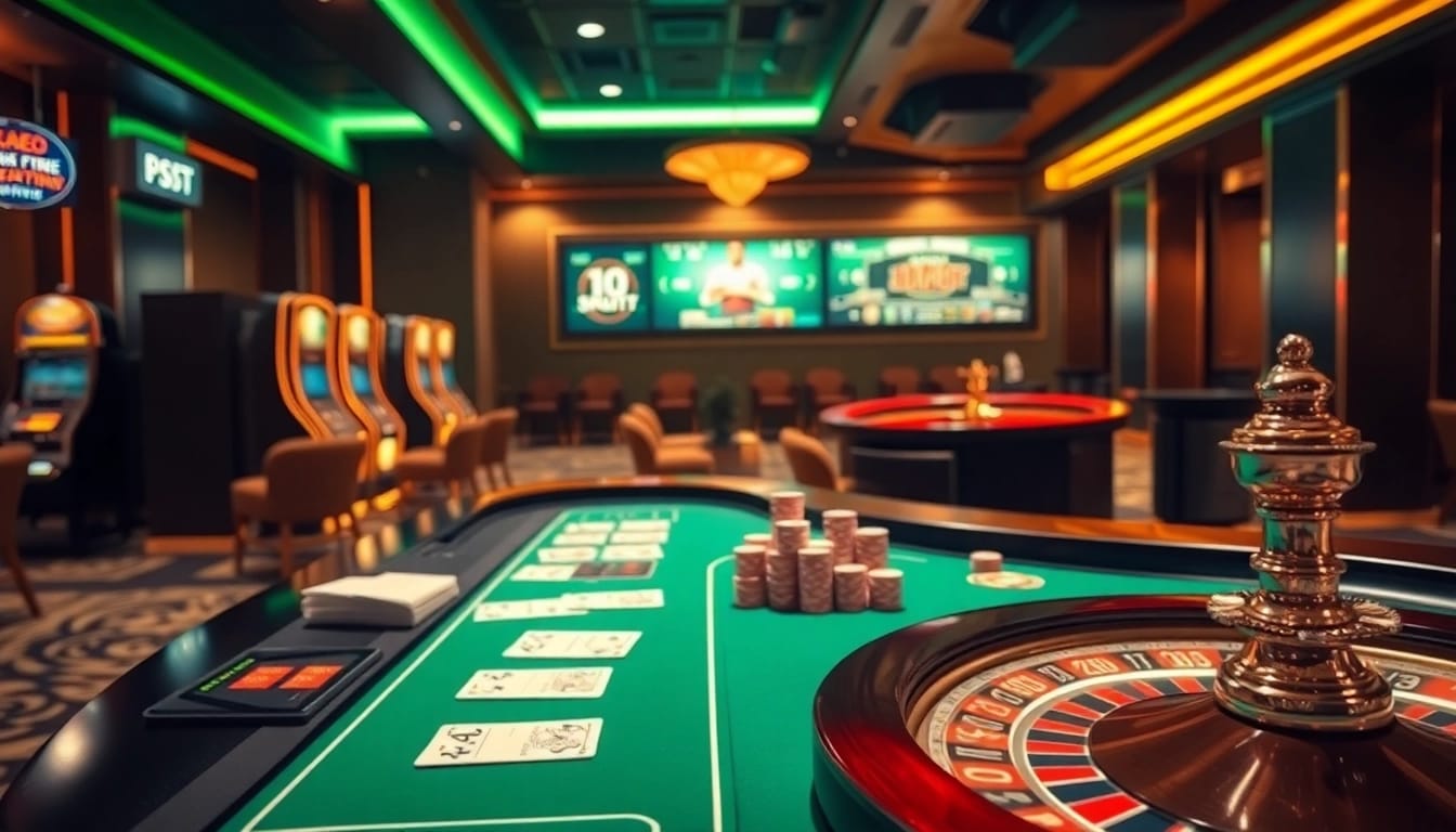 Exciting Kèo Bóng Đá betting scene with casino tables and poker chips.