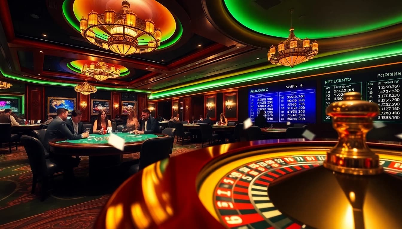 Gamblers thrill at PS99 casino tables with rich decor, vibrant lights, and engaging games.