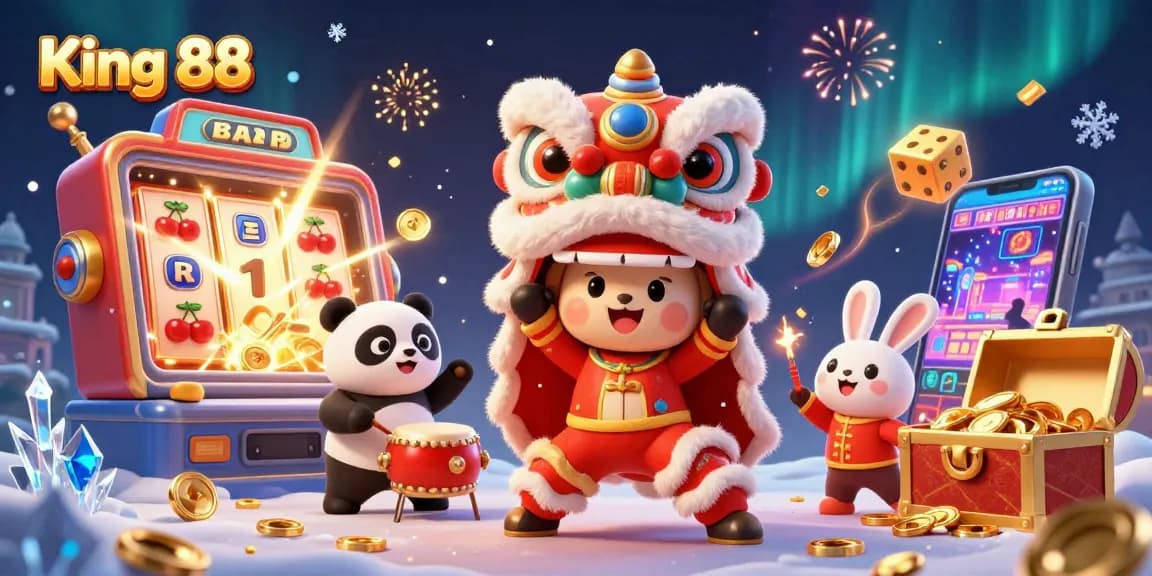 Experience King 88's vibrant casino magic with lion dancers, jackpots, and colorful game elements.