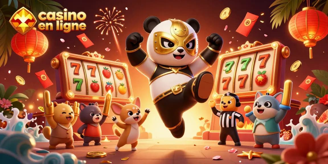Des animaux fêtent au "casino en ligne" avec un panda lutteur et des éléments festifs.