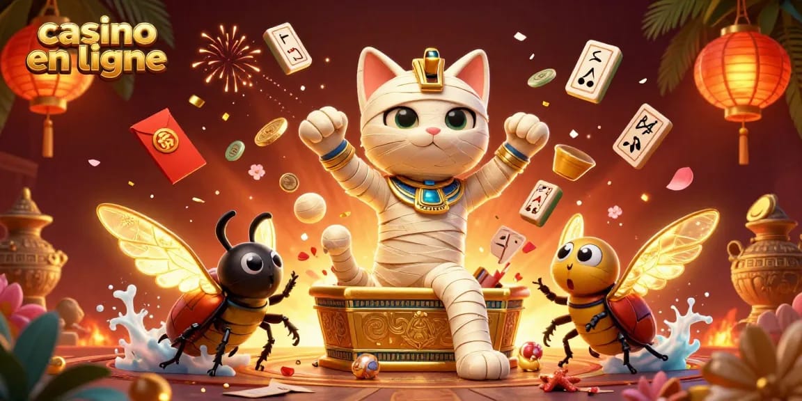 Plongez dans l'univers du casino en ligne avec un chat momie égyptien, révélant un sarcophage doré au milieu de jeux animés.