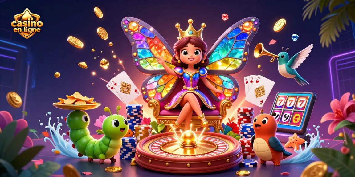 Activer les jackpots dans un casino en ligne avec une reine papillon 3D et des personnages fascinants.