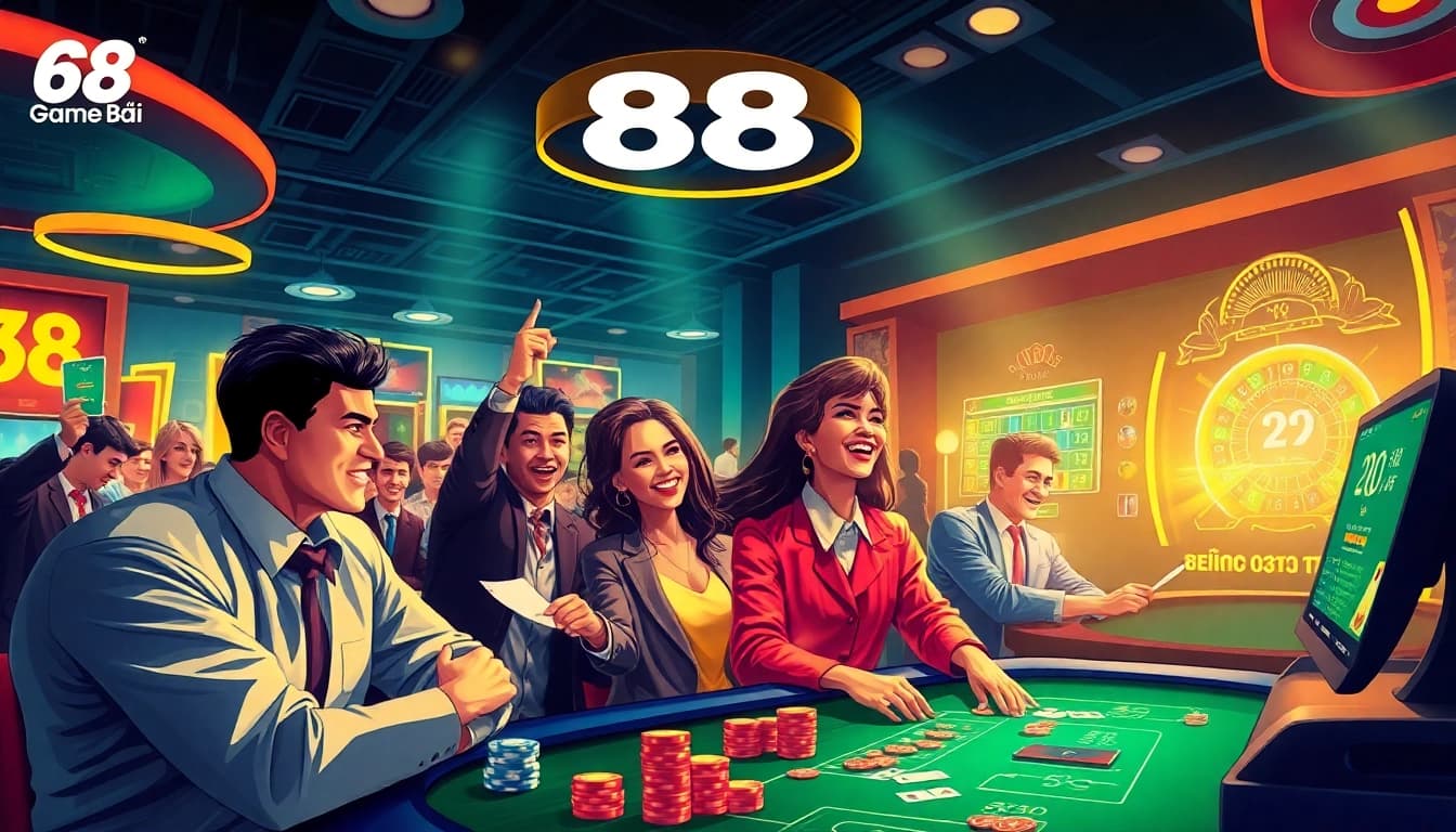 Exciting gaming scene of 68 Game Bài showcasing players enjoying various casino games in a vibrant online platform.
