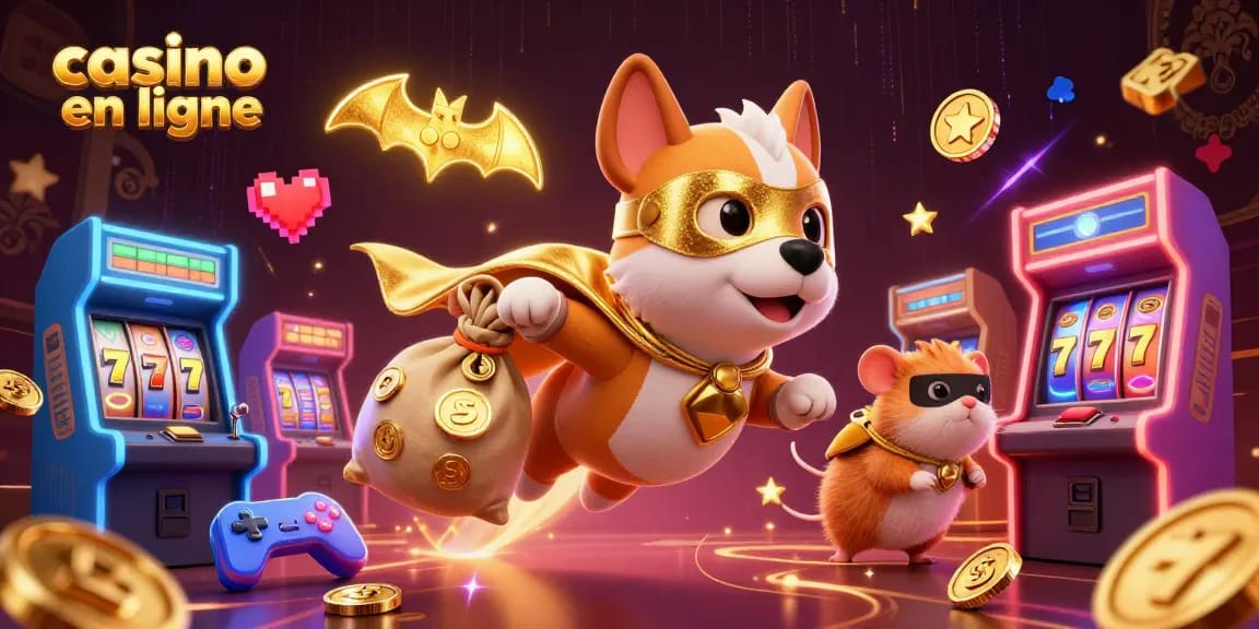 Animation d'un chien super-héros avec un hamster, symbolisant le casino en ligne, entouré de machines à sous.
