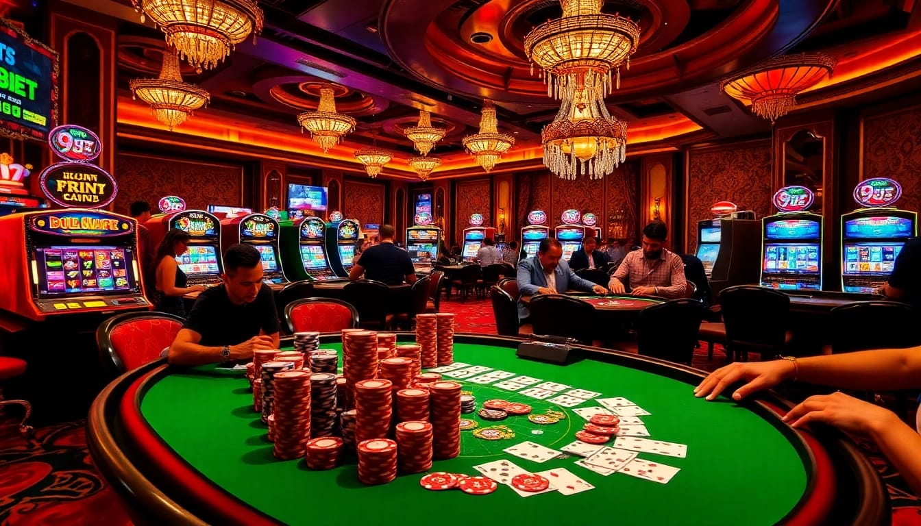 Players placing bets at a 9BET table in a vibrant casino atmosphere with roulette and poker elements.