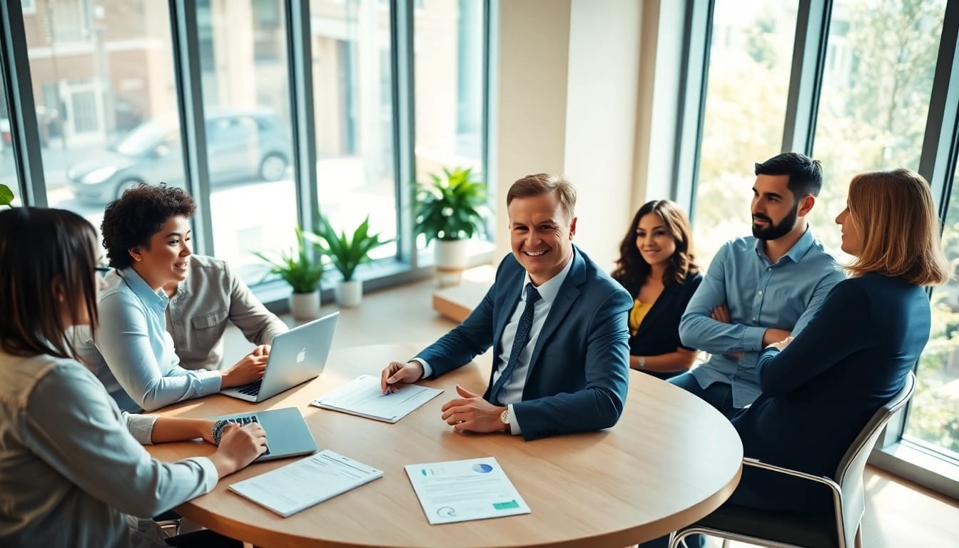 Business coach near me guiding diverse clients in a bright office for successful engagement.