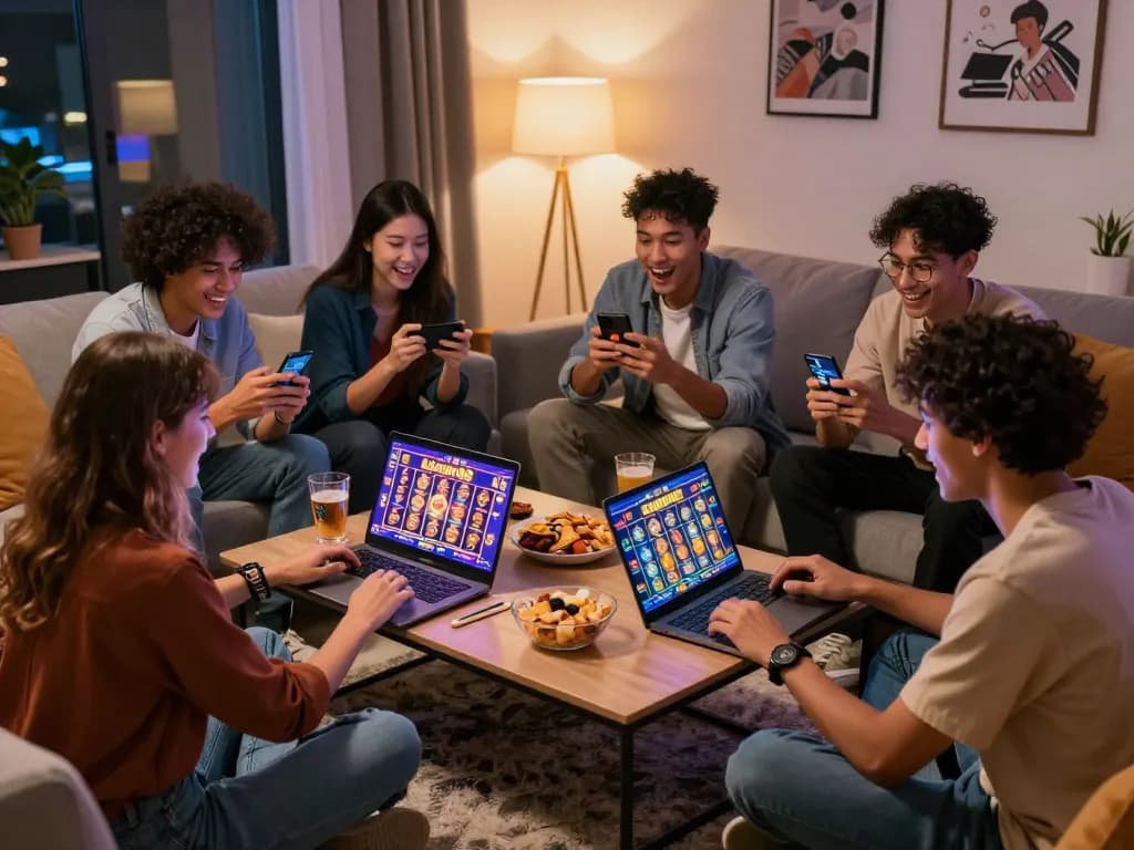 Teman-teman menikmati malam permainan yang hidup bermain slot laoban188 di ruang tamu yang nyaman.