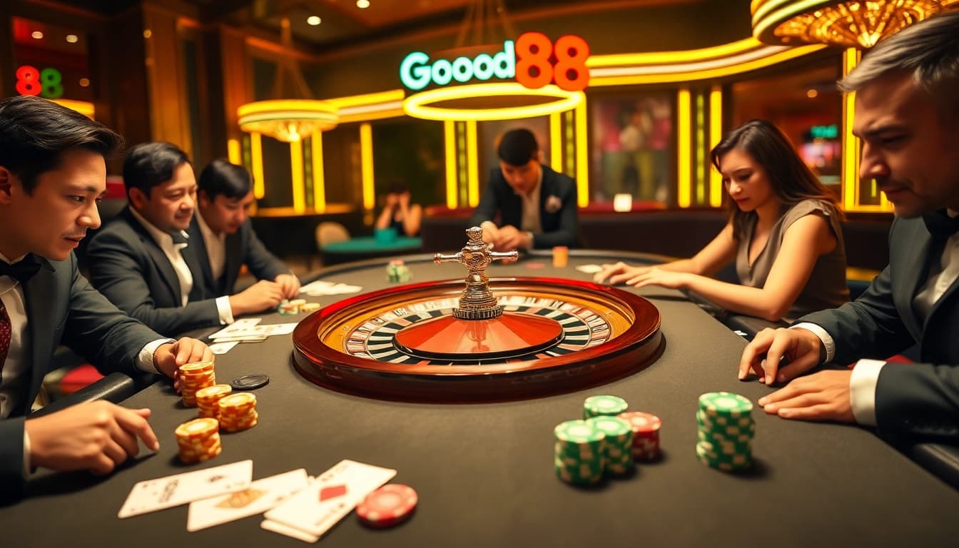 Players strategize at a Good88 poker table in a vibrant casino atmosphere.