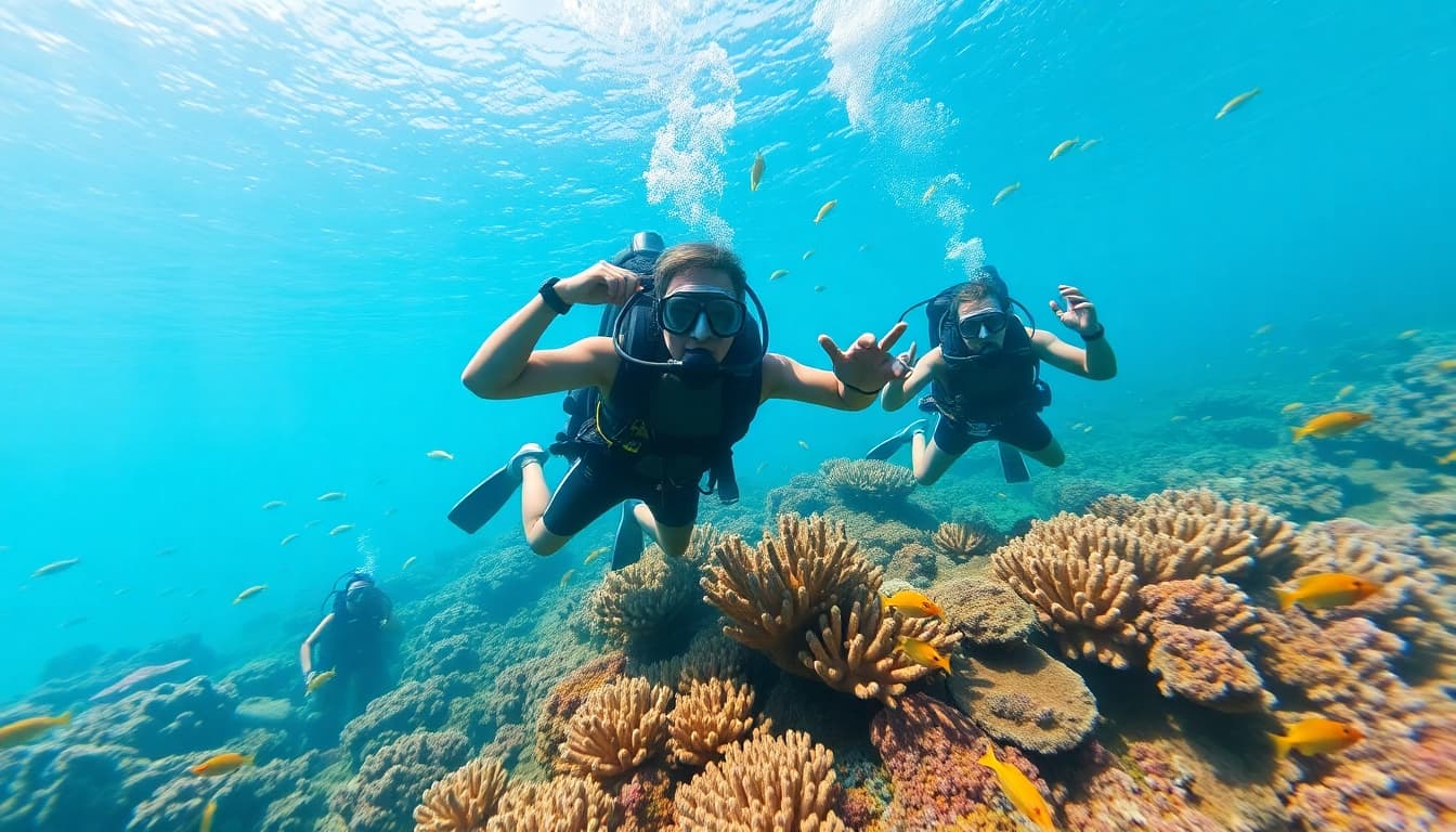 Scuba divers exploring vibrant coral reefs, showcasing marine life at https://marvinscubaexpeditions.com