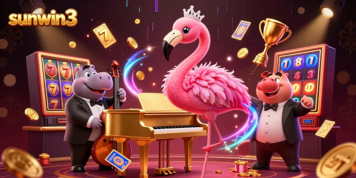 Experience thrilling slots at sunwin3 with cartoon characters in a vibrant casino scene.