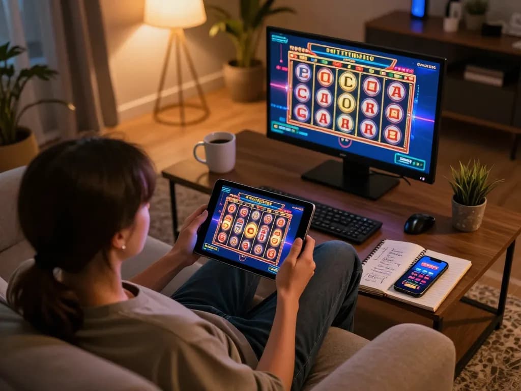 Engaging in a slot bonus new member 100 game on a tablet in a cozy home setting.
