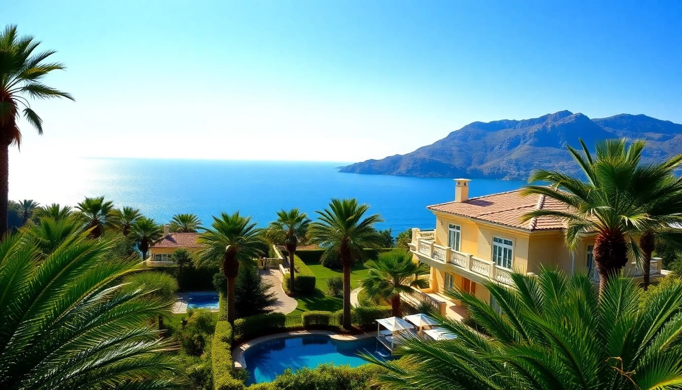 Stunning villa represents property in turkey alanya with Mediterranean views among lush greenery.