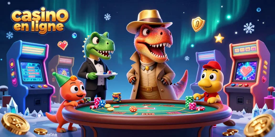 Jouez dans un casino en ligne avec un velociraptor à une table de blackjack et un décor coloré.