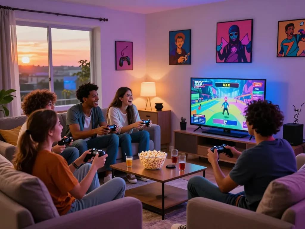 Group of friends enjoying an interactive xxx game in a cozy living room.