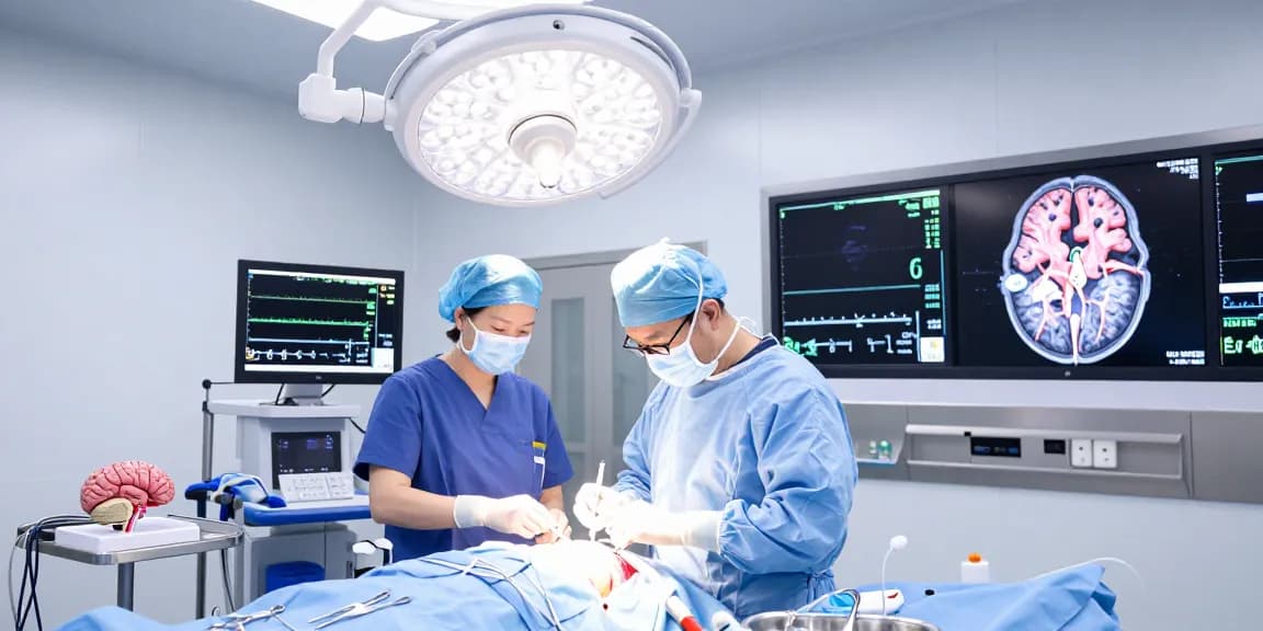 A neurosurgeon performing a beyin tümörü ameliyatı in a modern operating room, showcasing surgical precision and teamwork in action.