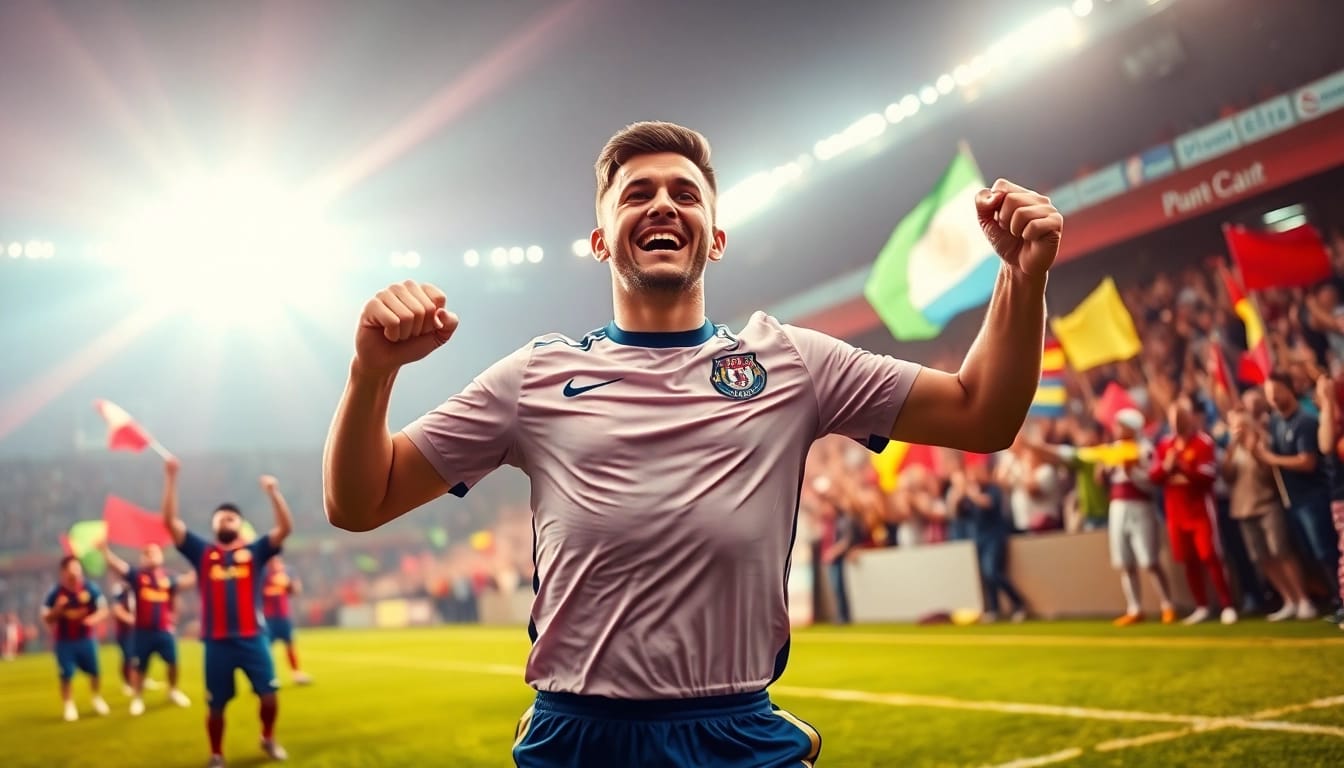 Celebrate victory at https://mm88bc.com/ with an athlete in action after scoring a goal.