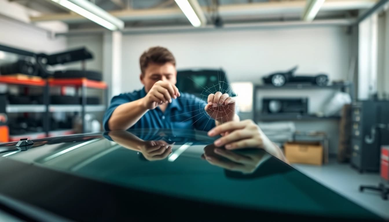 Technician performing windshield replacement Denver with precision and care on a vehicle.