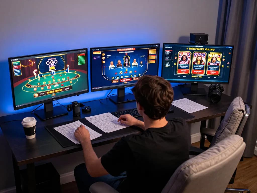 Engaging in online gambling strategies at https://va88.uno/ with multiple screens and notes in modern setup.