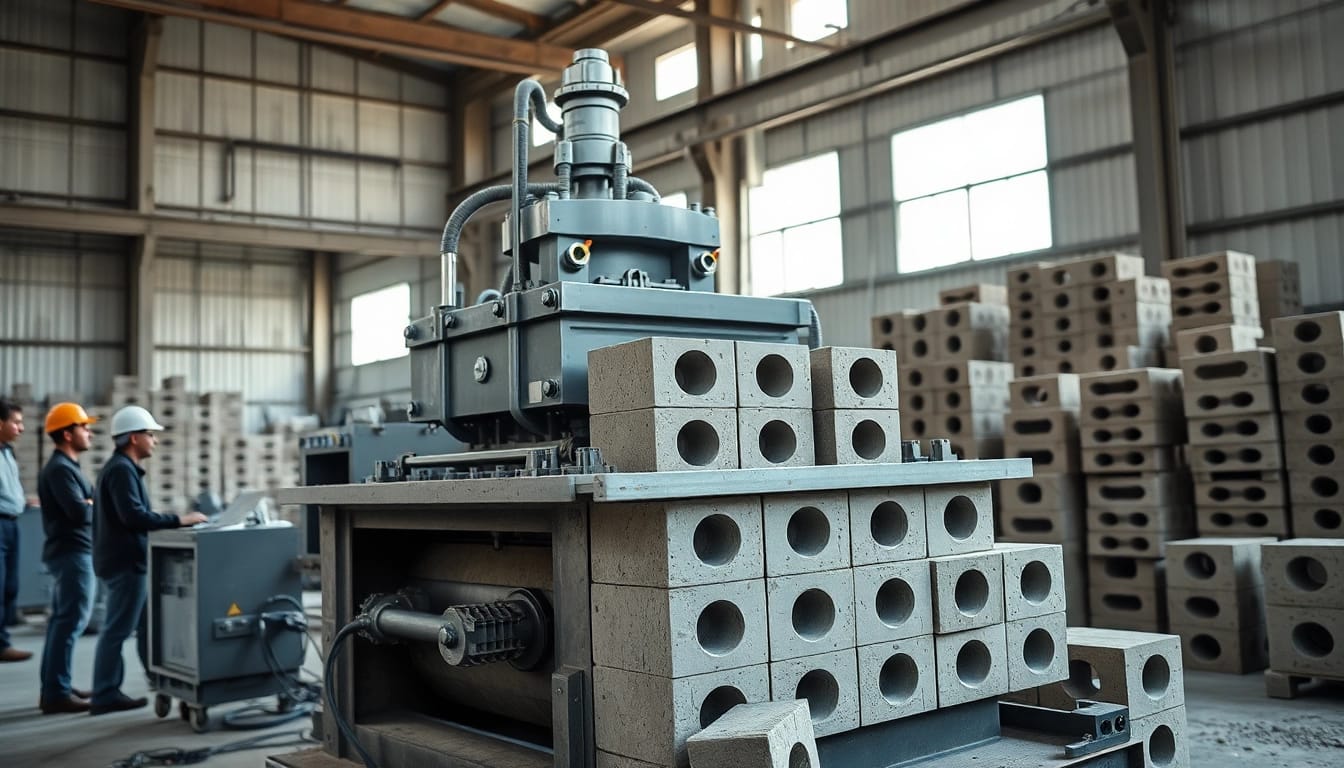Cement Block Making Machine efficiently producing concrete blocks in a busy industrial environment.