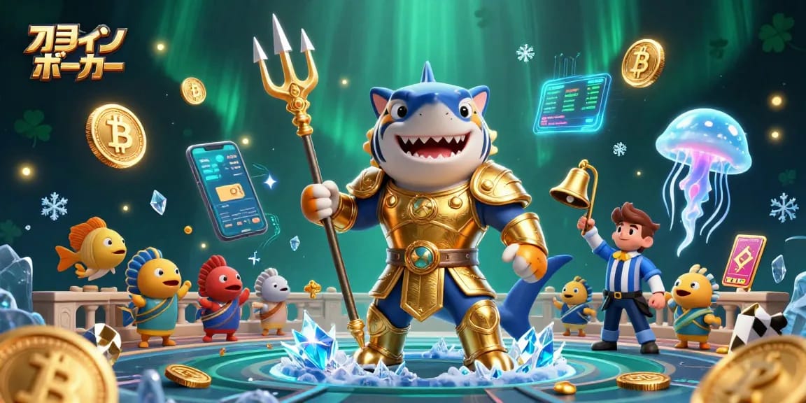オンラインポーカーで勝利を追求する場面、3Dコンクリートシャークが黄金の剣を持って戦う。
