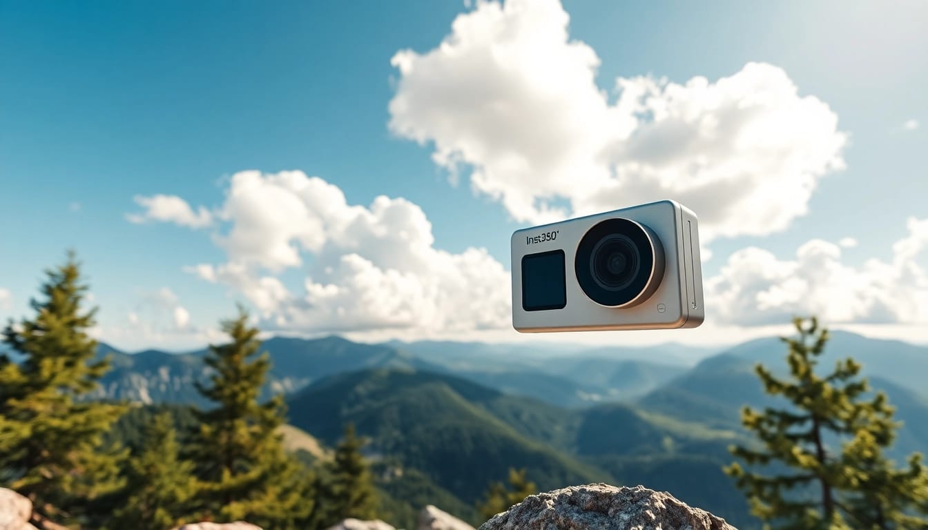 Capture high-quality imagery with Insta360 camera in stunning mountain landscape.