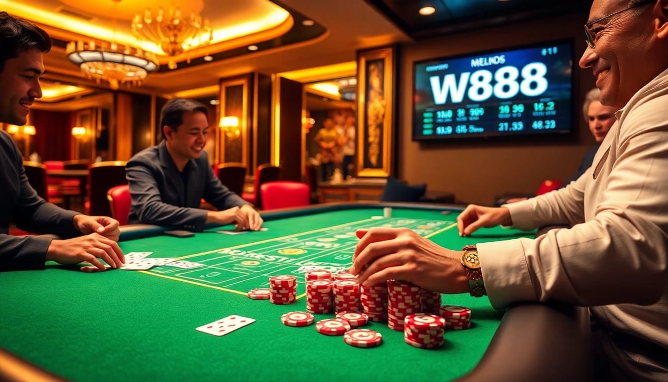 W88 players enjoying a thrilling online casino experience with poker chips and cards.