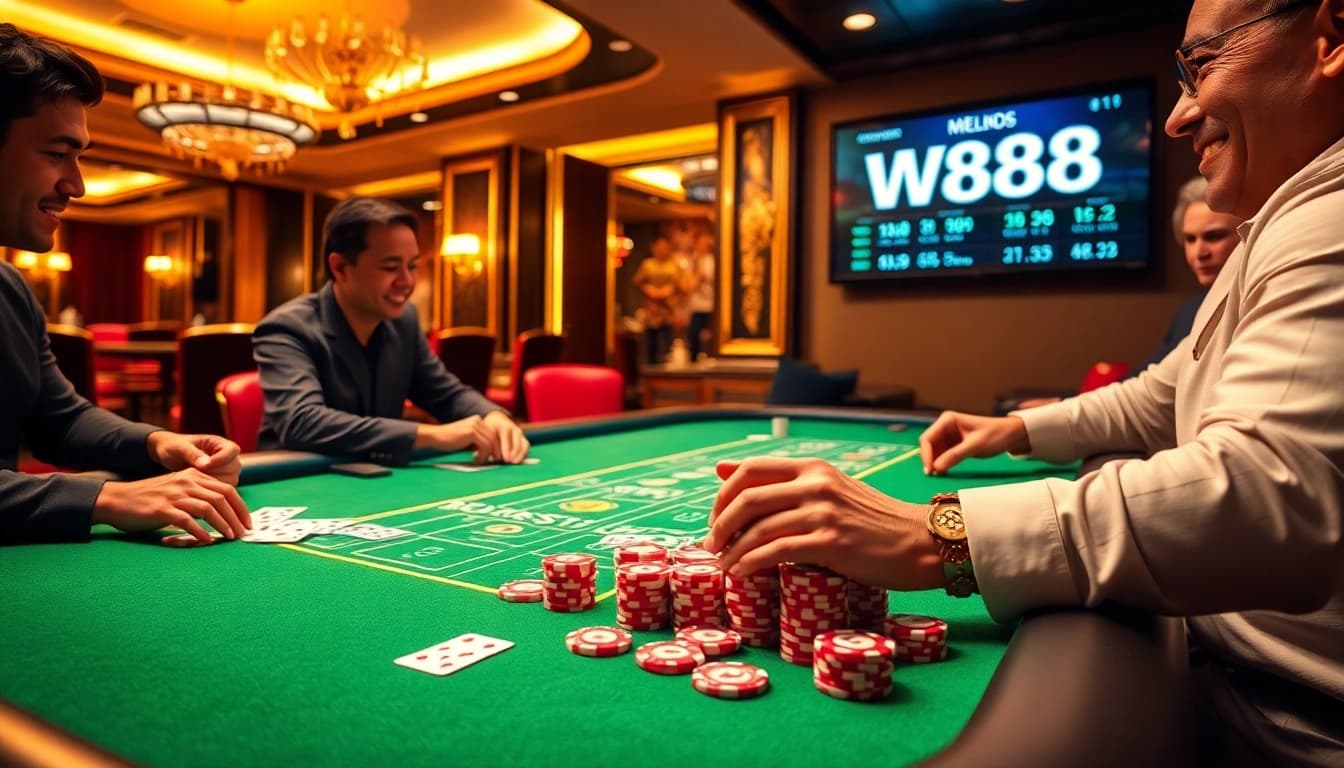 W88 players enjoying a thrilling online casino experience with poker chips and cards.