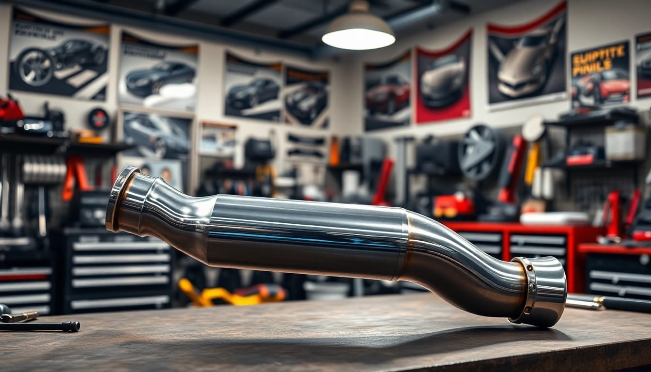 Showcase the M5 downpipe with tools in an energizing automotive workshop environment.