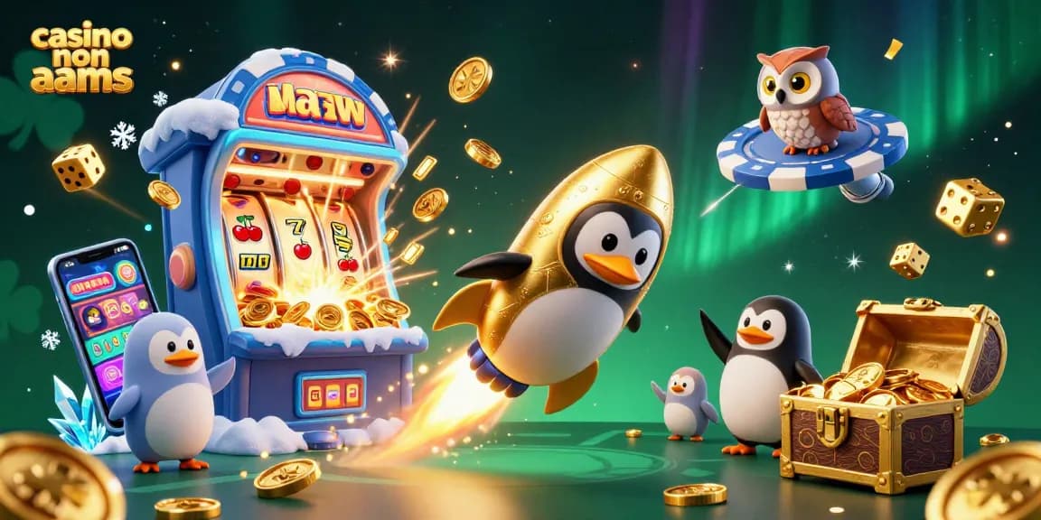 Riproduzione del casinò non AAMS con un pinguino dorato che vola verso una stazione spaziale a forma di gettone, circondato da elementi di gioco.