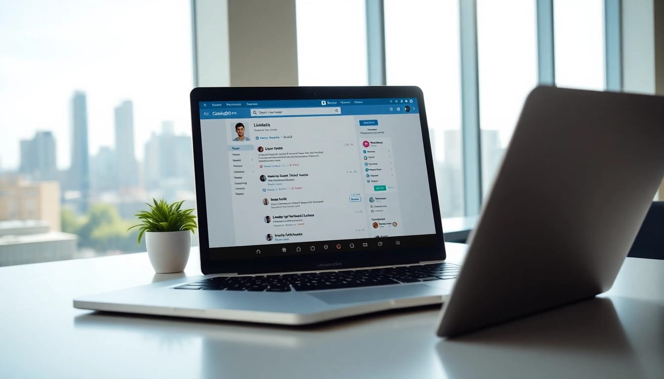 Utilize the linkedin email scraper on a modern laptop setup in a professional workspace.