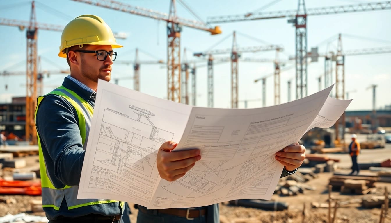 New Jersey Construction Manager analyzing blueprints on a bustling construction site.