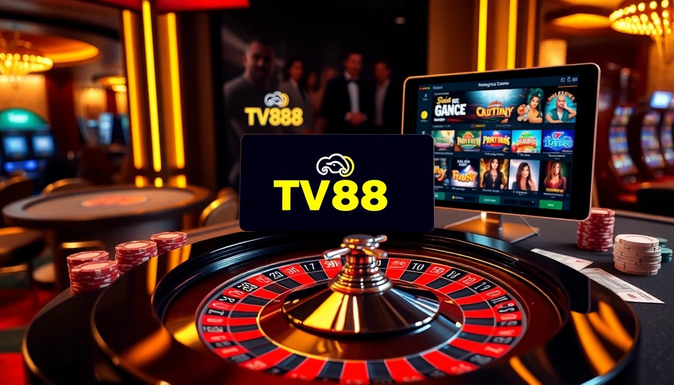 Engaging at a TV88 casino scene with roulette, poker chips, and an online gambling interface.