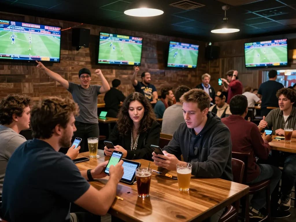 SBOBET enthusiasts placing bets in a lively sports betting venue, showcasing excitement and engagement.