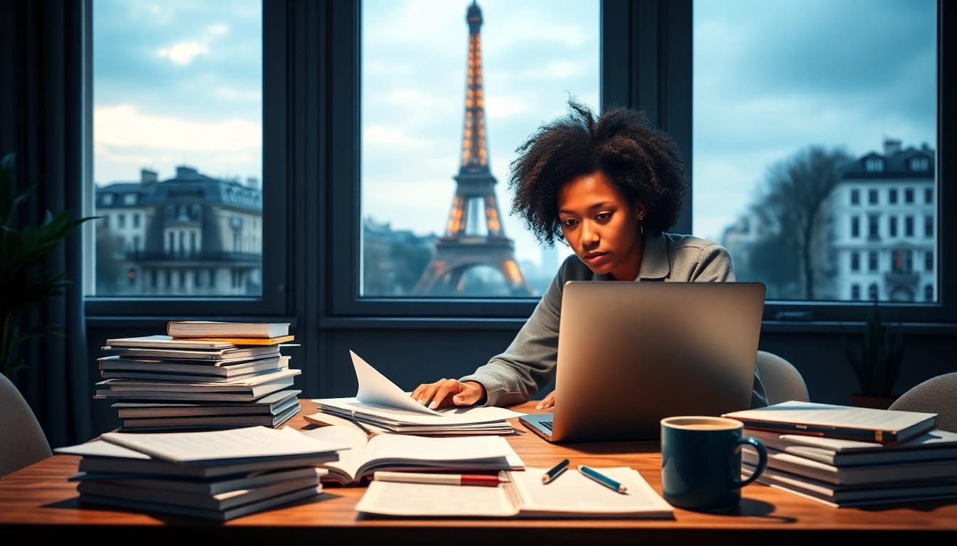 Traducteur assermenté professionnel à Paris travaillant dans un bureau moderne avec vue emblématique sur Paris.