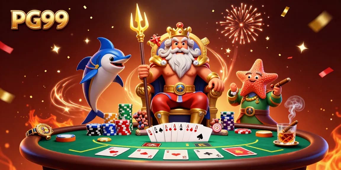 Join the excitement at PG99 with Neptune and friends around a vibrant poker table filled with action.