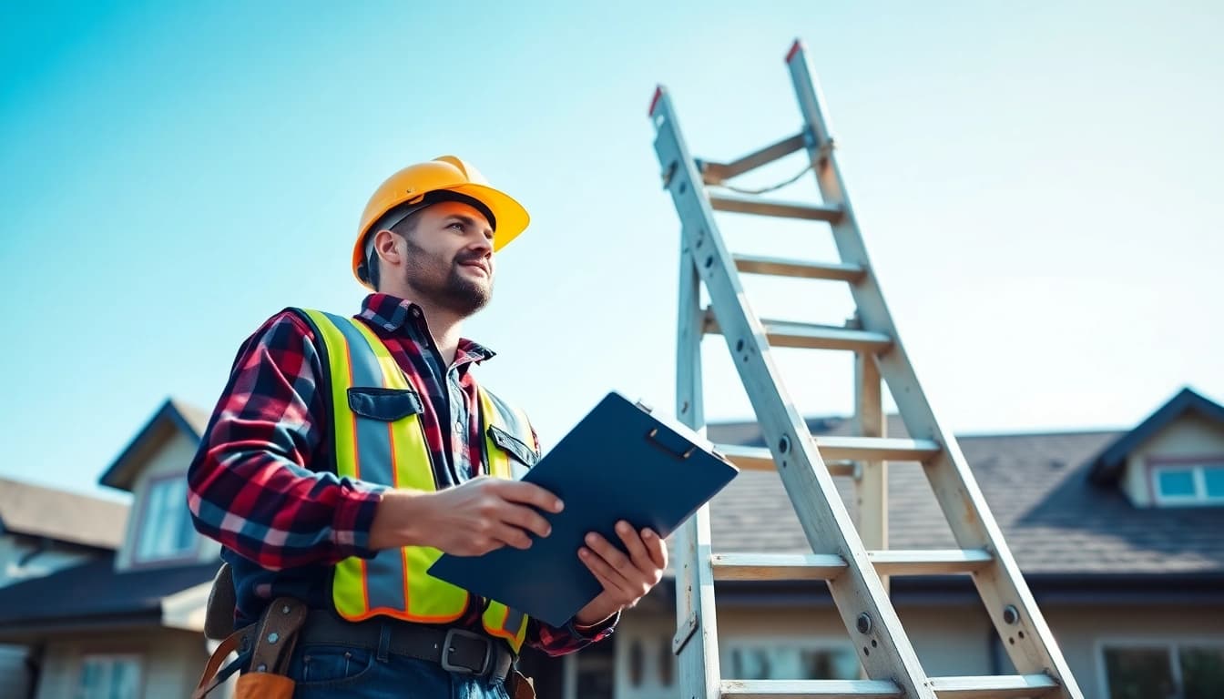 Roofing contractor examining a residential roof while ensuring safety and quality.