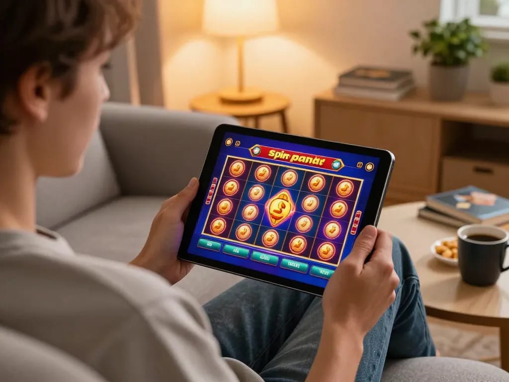Engaging spinpanda no deposit gaming experience on tablet in a cozy home atmosphere.