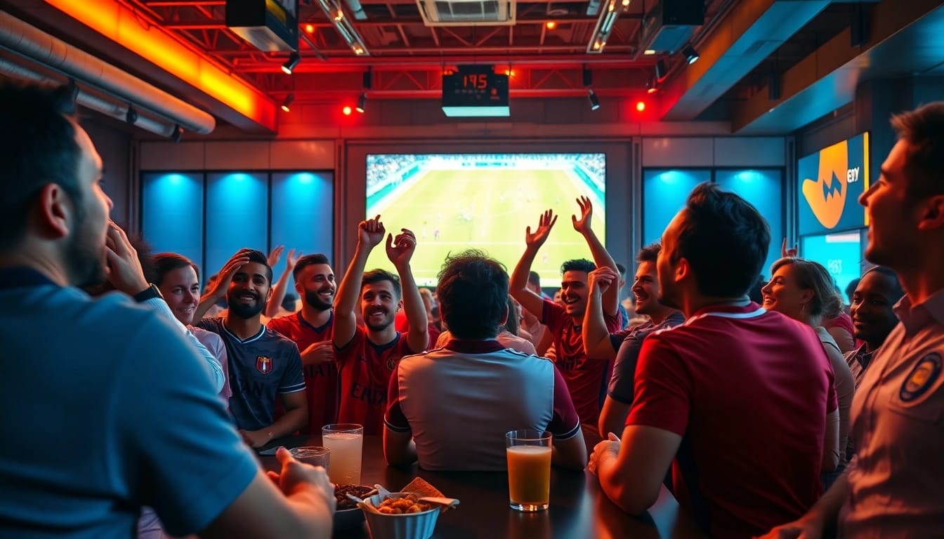 Exciting live football match on https://socolive.com.co/ with enthusiastic fans cheering in a sports bar.
