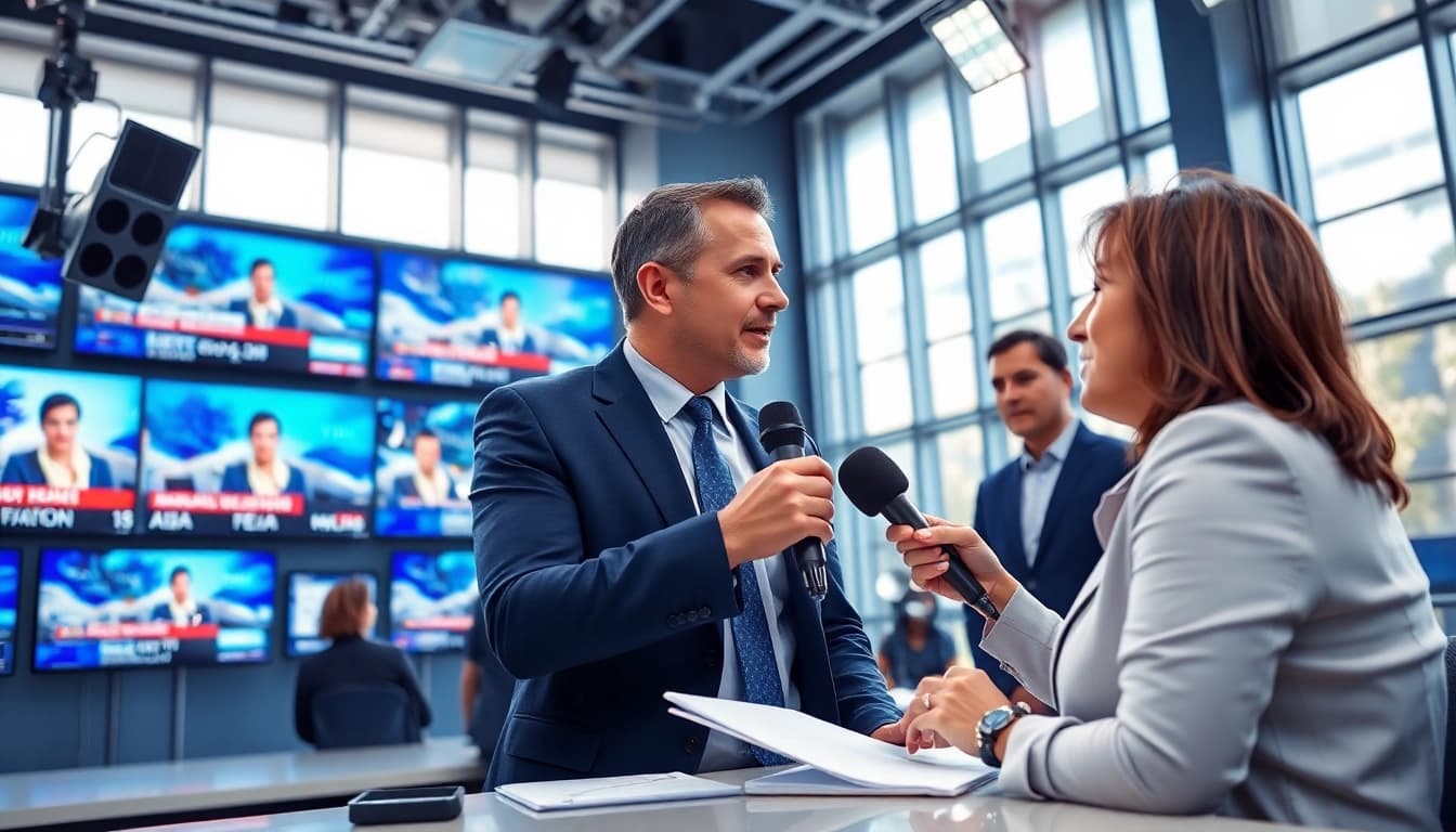 Capture of a journalist in a newsroom discussing Usa Today headlines with colleagues.